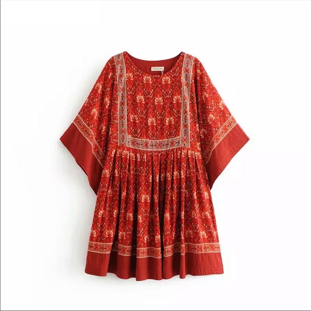 Boho Floral Paisley Gypsy Print Tunic Dress Red - Picture 4 of 9